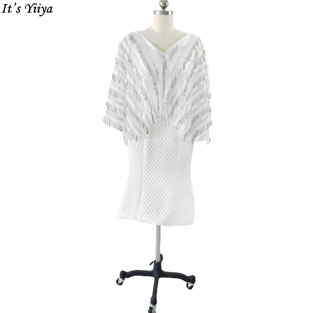 It's Yiiya Пайетки V-образным вырезом Белое вечернее платье Половина рукава Плиссировка Чайная длина Русалка Большие размеры Женщины Вечернее платье C10600