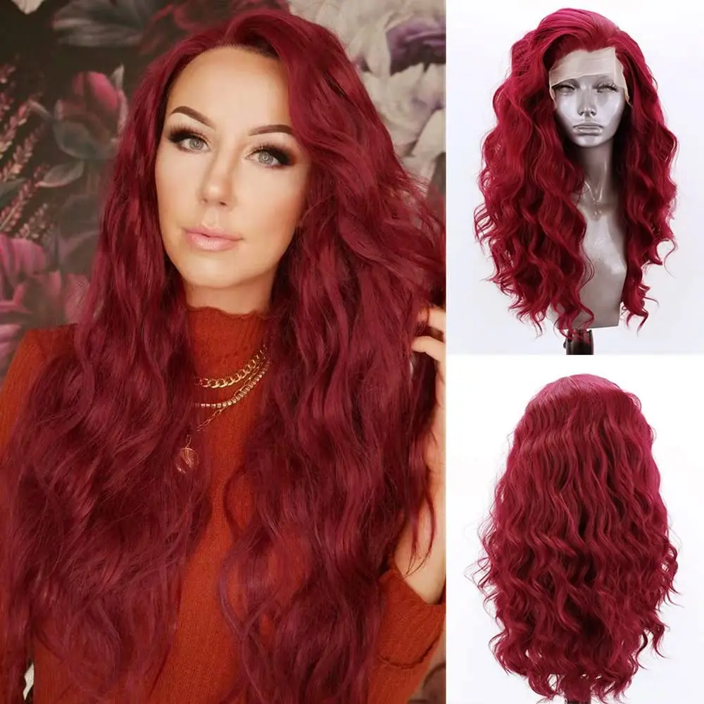 бордовый свободный кудрявый кружевной парик спереди для женщин синтетический натуральный волосяной парик предварительно выщипанные волосы замена парик наполовину связанный вручную0