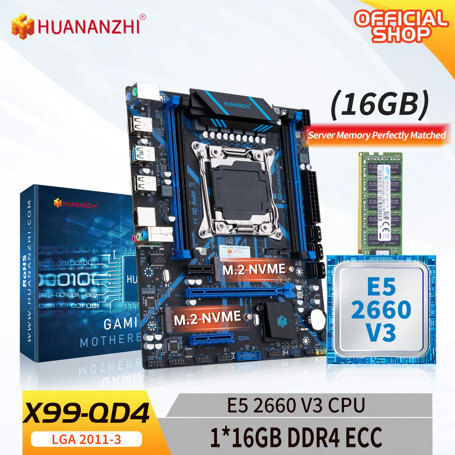 Материнская плата HUANANZHI X99 QD4 LGA 2011-3 XEON X99 с Intel E5 2660 v3 с 1*16G DDR4 ECC Combo Kit Set M.2 NVME SATA0