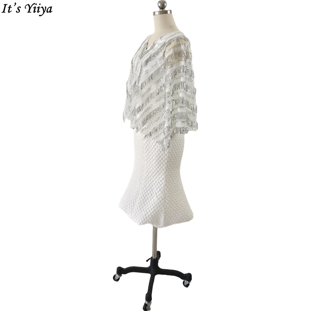 It's Yiiya Пайетки V-образным вырезом Белое вечернее платье Половина рукава Плиссировка Чайная длина Русалка Большие размеры Женщины Вечернее платье C10601