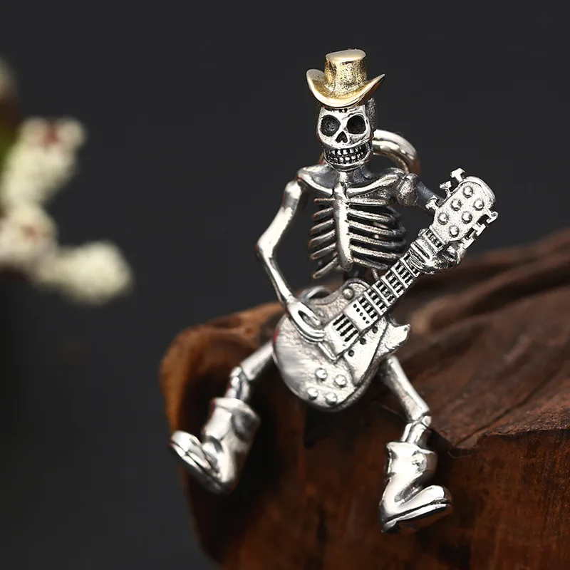 S925 ювелирные изделия из стерлингового серебра модный панк-рок гитарист череп кулон для мужчин персонализированный тайский серебряный кулон1