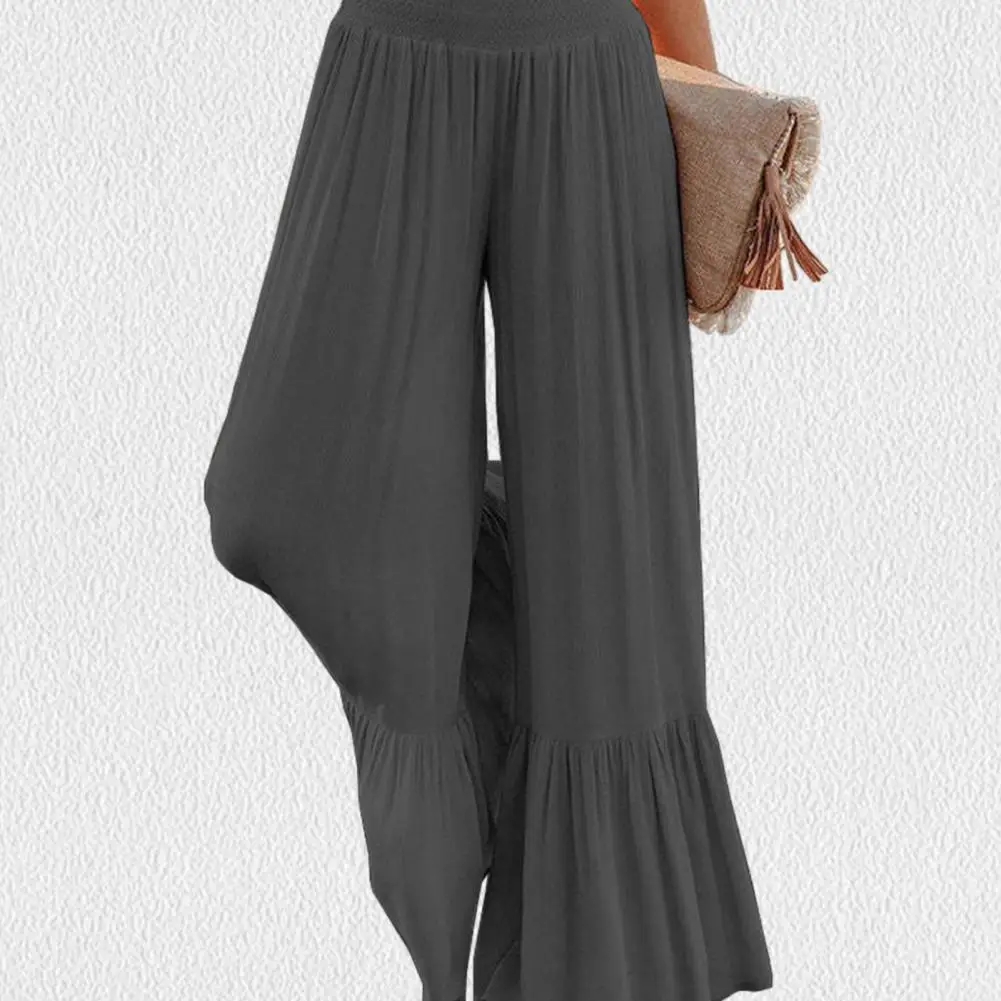  Большие размеры расклешенные брюки Лестные широкие брюки больших размеров для женщин Высокая талия Драпированные манжеты с оборками Брюки для йоги Весна1