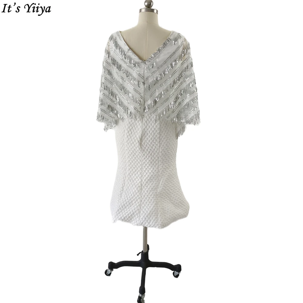 It's Yiiya Пайетки V-образным вырезом Белое вечернее платье Половина рукава Плиссировка Чайная длина Русалка Большие размеры Женщины Вечернее платье C10602
