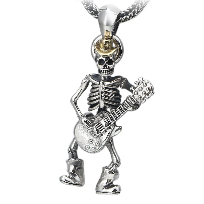 S925 ювелирные изделия из стерлингового серебра модный панк-рок гитарист череп кулон для мужчин персонализированный тайский серебряный кулон2
