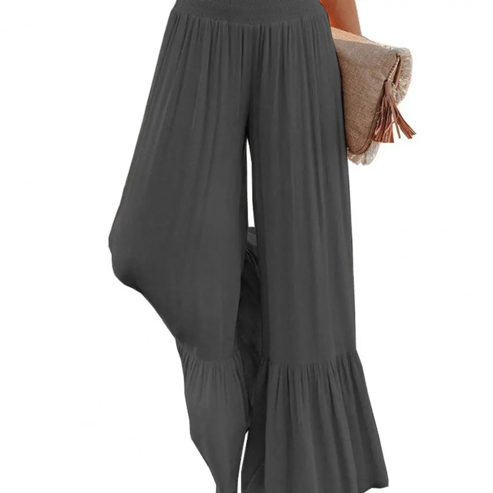  Большие размеры расклешенные брюки Лестные широкие брюки больших размеров для женщин Высокая талия Драпированные манжеты с оборками Брюки для йоги Весна2