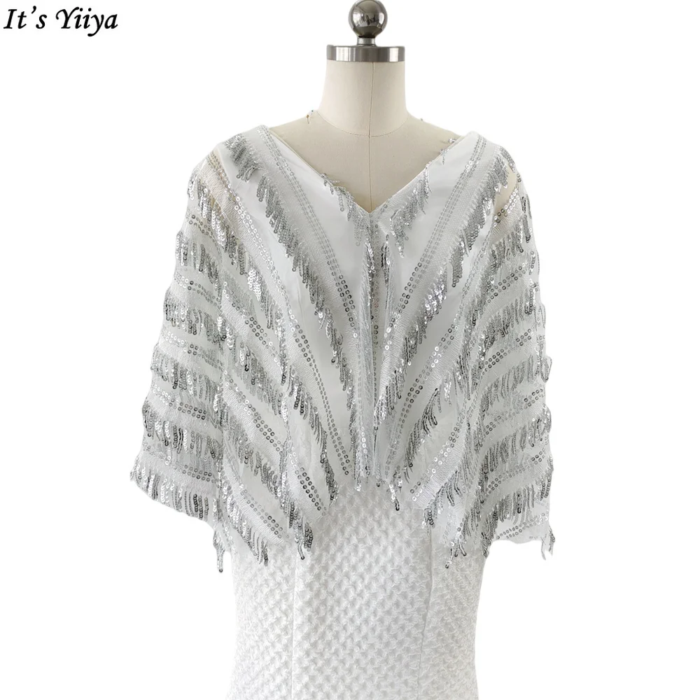 It's Yiiya Пайетки V-образным вырезом Белое вечернее платье Половина рукава Плиссировка Чайная длина Русалка Большие размеры Женщины Вечернее платье C10603
