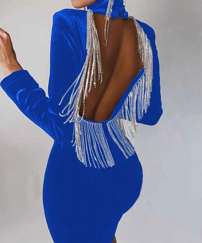  Элегантное и красивое женское платье 2023 Новейшее платье для вечеринки Высококачественный бархат со стразами Кисточка Дизайн Сексуальное вечернее платье с открытой спиной3
