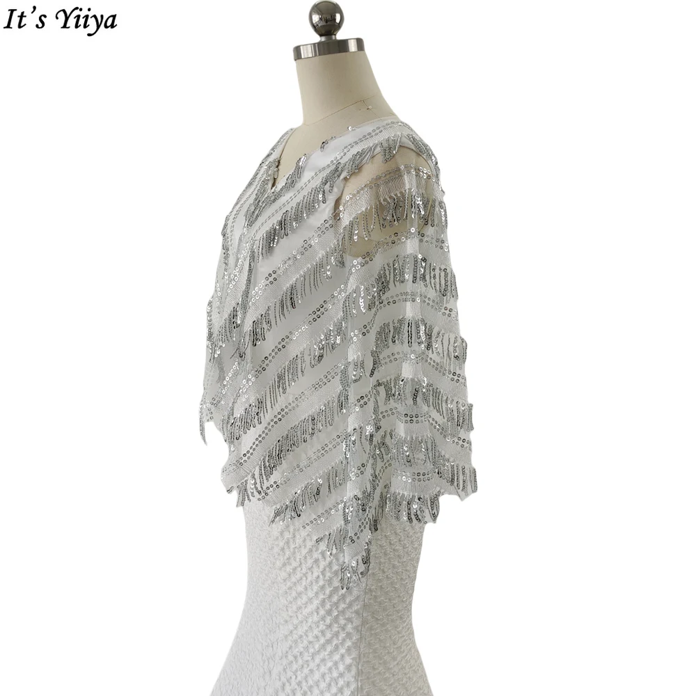 It's Yiiya Пайетки V-образным вырезом Белое вечернее платье Половина рукава Плиссировка Чайная длина Русалка Большие размеры Женщины Вечернее платье C10604