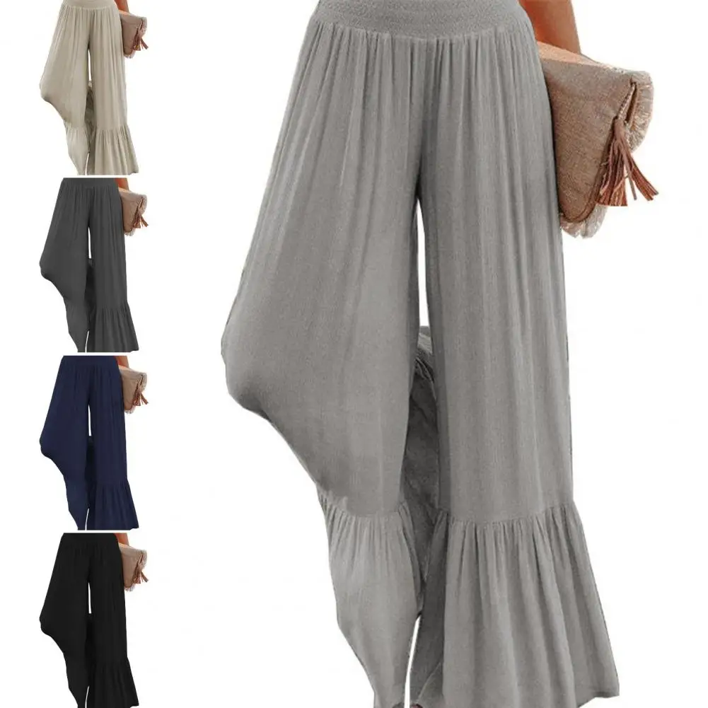  Большие размеры расклешенные брюки Лестные широкие брюки больших размеров для женщин Высокая талия Драпированные манжеты с оборками Брюки для йоги Весна4