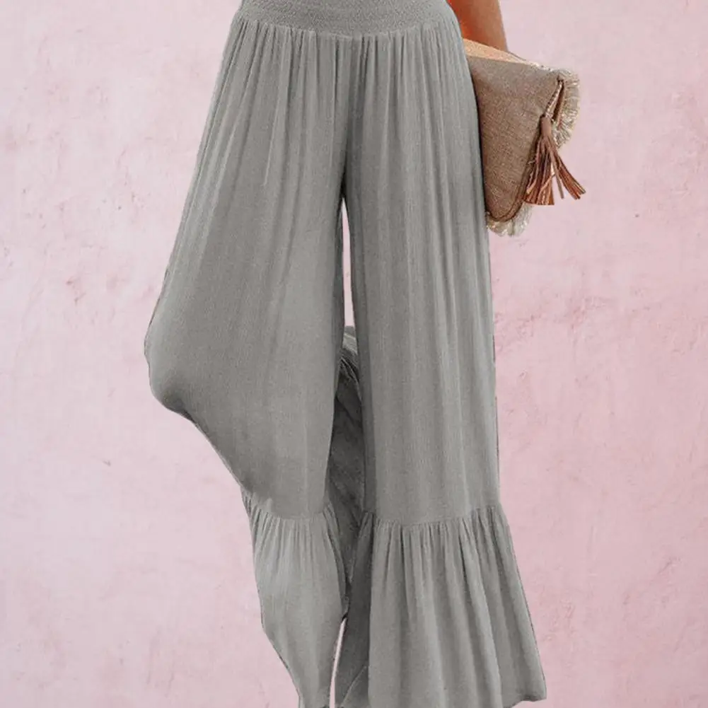  Большие размеры расклешенные брюки Лестные широкие брюки больших размеров для женщин Высокая талия Драпированные манжеты с оборками Брюки для йоги Весна5