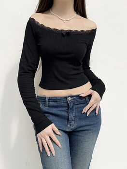 Женщины Укороченные топы с открытыми плечами Кружева Пэчворк Рубашка с длинным рукавом Повседневные пуловеры для клубной уличной одежды Эстетическая одежда