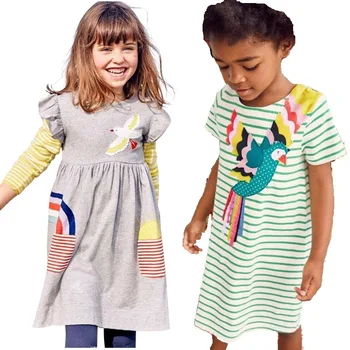Вышивка Платье для девочек Хлопок Мода Попугай Детская одежда Платья для девочек с коротким рукавом Детская блузка Vestidos Джемпер 2-6Year