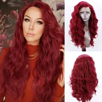 бордовый свободный кудрявый кружевной парик спереди для женщин синтетический натуральный волосяной парик предварительно выщипанные волосы замена парик наполовину связанный вручную