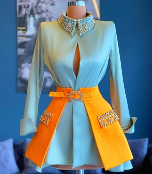 Синие коктейльные платья А-силуэта с длинными рукавами Короткие мини-атласные платья из бисера Платья для возвращения домой Haute Couture
