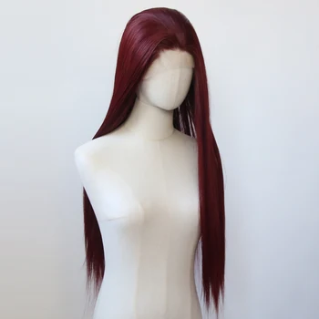 бордовый 13x4 синтетический кружевной передний парик длинный прямой винный красный кружевной передний синтетический парик предварительно выщипанный натуральный волосяной