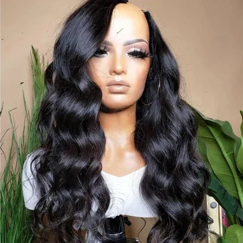 Натуральный черный мягкий длинный 24-дюймовый парик Body Wave U Part Европейский парик из человеческих волос Remy Еврейский бесклеевой парик для чернокожих женщин