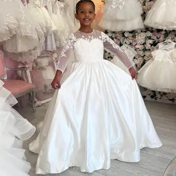 Ivory Цветочные платья для девочек для свадьбы Аппликация Прозрачная шея Детские платья на день рождения Банты Детские платья для первого причастия
