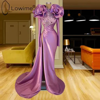 Мусульманские светло-фиолетовые с длинными рукавами русалки вечерние платья с сексуальным высоким разрезом формальные выпускные платья для вечеринок Robe De Soirée Femme