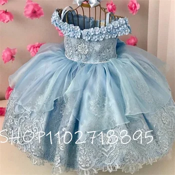 Небесно-голубые платья для девочек-цветов кружевной тюль с цветочным бисером с большим атласным бантом fit свадебная вечеринка день рождения принцесса бальные платья