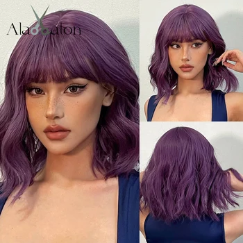 ALAN EATON Косплей Фиолетовые синтетические парики с челкой Короткие пушистые волнистые парики для женщин Термостойкий цвет Вечеринка Лолита Искусственные волосы