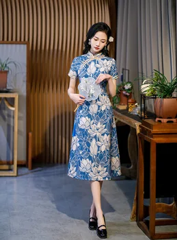 Сексуальное жаккардовое атласное платье с принтом лотоса Cheongsam Элегантные женские пуговицы ручной работы в стиле ретро Qipao Китайское повседневное платье