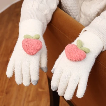 Женщины Варежки с сенсорным экраном Теплые вязаные перчатки Пять пальцев Плюшевая шерсть На открытом воздухе Модные варежки Мультфильм