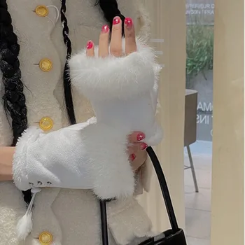 Новые женские замшевые перчатки из меха кролика для девочек в стиле панк модные теплые перчатки без пальцев однотонные ветрозащитные варежки