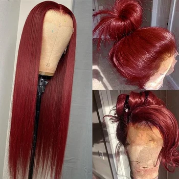 Прямой бордовый красный цвет синтетические волосы кружева фронтальный парик для женщин бесклеевые волокно волосы прозрачные кружевные парики
