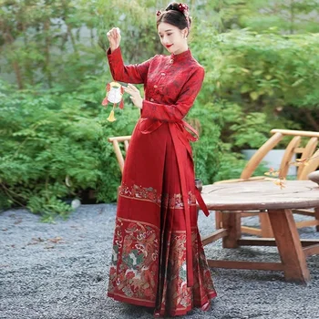 Китайский стиль Праздничные женщины Ханьфу Вышивка Юбка с лошадиной мордой Длинный рукав Воротник-стойка Красная рубашка Косплей