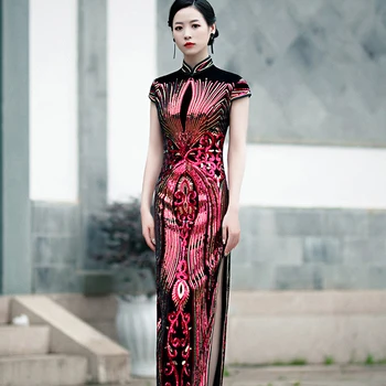Сияющий пайетки Облегающий Облегающий Чонсам Команда Артистическое Выступление Традиционный Китайский Стоячий Воротник Qipao Plus Size 5XL Платье