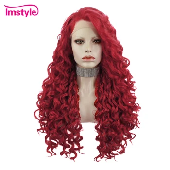 Imstyle Синтетический кружевной передний парик Красный парик Длинные кудрявые кружевные парики для женщин Термостойкий бесклеевой серый косплей-парик