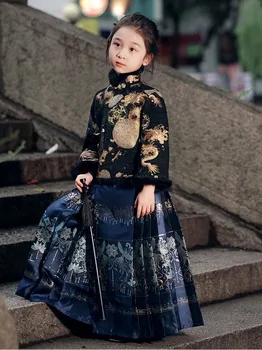 Зимняя теплая винтажная юбка Hanfu с лошадиным лицом, детские китайские традиционные плиссировки, комплекты юбок 2024 Новый годОдежда для девочек Уличная одежда