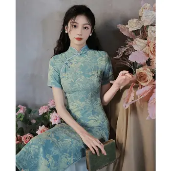 Yourqipao Green Old Shanghai Cheongsam 2023 Новое лето Женщины Девушки Китайский костюм Ханьфу Тан Улучшенные длинные вечерние платья