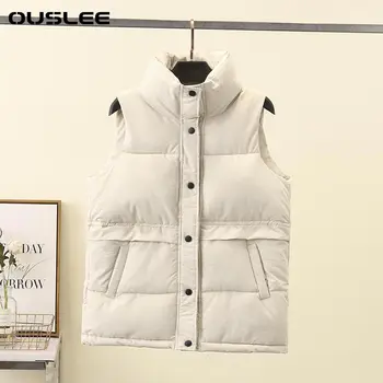 OUSLEE-Свободный воротник-стойка на шнурке Длинная жилетная куртка для женщин, хлопковая подкладка, ветрозащитный теплый жилет, осень и зима
