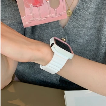 Симпатичный розовый белый чехол + ремешок для Apple Watch 41 мм 38 мм 45 мм 40 мм 42 44 мм Волна Мягкий силиконовый ремешок для iwatch Series 7 SE 6 5 4 3