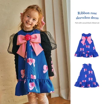 BE 2024 Весенние повседневные платья для девочек Модное корейское детское платье-жилет с розой большой бант принцесса