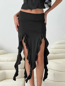 Женская юбка миди Элегантная юбка с низкой талией Асимметричная летняя юбка с разрезом с оборками