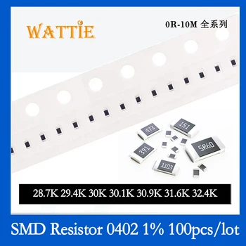 SMD резистор 0402 1% 28.7K 29.4K 30K 30.1K 30.9K 31.6K 32.4K 100PC/лот Чип-резисторы 1/16 Вт 1.0мм * 0.5мм