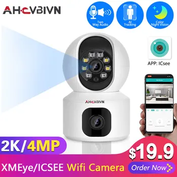 4MP Dual Lens WiFi Камера Двойной экран Радионяня Автоматическое отслеживание Ai Обнаружение человека Внутренняя домашняя безопасность CCTV Видеонаблюдение