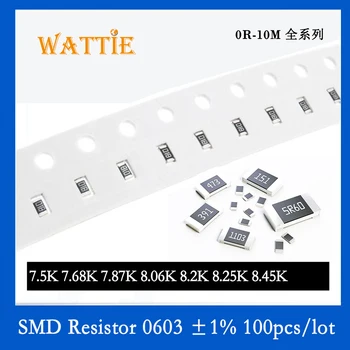 SMD резистор 0603 1% 7,5 к. 7,68 к. 7,87 к. 8,06 к. 8,2 к. 8,25 тыс. 8,45 тыс. 100 шт./лот чип-резисторы 1/10 Вт 1,6 мм * 0,8 мм
