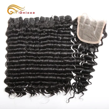 бразильские пучки глубоких волн с застежкой 4x4 Пучки из 100% натуральных волос с кружевной застежкой Двойное вытягивание из девственных волос