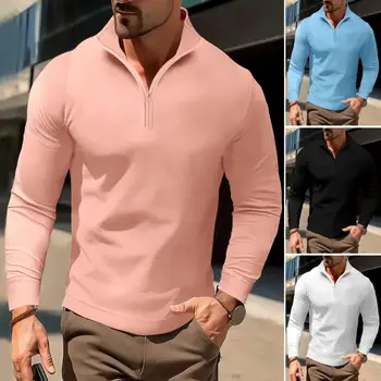 Универсальная толстовка Мужская рубашка с воротником-стойкой на молнии Мягкая приталенная пуловер для осени весны Простой стиль на каждый день для мужчин