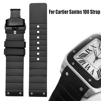 Мягкий силиконовый ремешок для часов Cartier Santos Sandoz Santos 100 Резина черный ремешок для часов Мужчины Женщины Часы Цепочка аксессуары 23 мм
