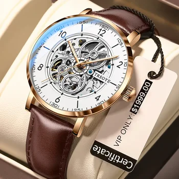 Прозрачный корпус часов из розового золота Коричневая кожа Механические мужские часы Business Sport 시계 TRSOYE 8389