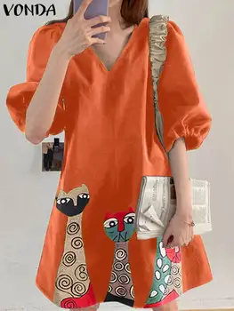 VONDA Женское летнее платье для вечеринок 2023 Сексуальное мини-платье с V-образным вырезом Винтаж Сарафан с принтом Повседневный свободный рукав Vestido Robe Femme