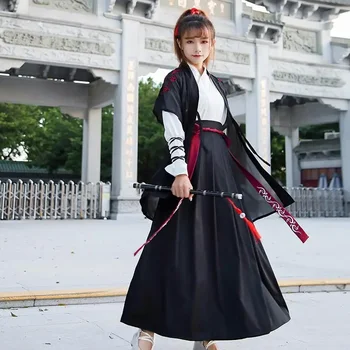 WATER Китайское традиционное платье Ханьфу Женщины Халат Костюм фехтовальщика Династия Хань Восточный наряд Косплей Одежда Набор Черный