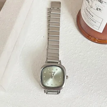 Роскошный бренд Маленькие квадратные женские кварцевые часы Мода Зеленый циферблат Нержавеющая сталь Бамбуковый ремешок Наручные часы Дропшиппинг Reloj Mujer