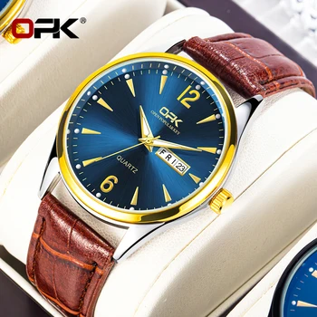 OPK Кварцевые мужские часы Модные классические водонепроницаемые светящиеся дышащие кожаные ремешки Деловой календарь Неделя Дисплей Мужские часы