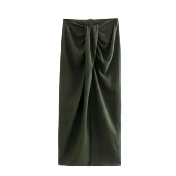 Армейский зеленый Женская юбка с узлом Элегантная юбка миди с высокой талией Шикарная леди Женская одежда 2023 Весна Лето Новинка