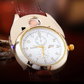 Мужские наручные часы Подарок Ветрозащитный Прикуриватель Перезаряжаемый Беспламенный Зажигалка Часы Мужчины Кожаный Ремешок Кварцевый Reloj Hombre